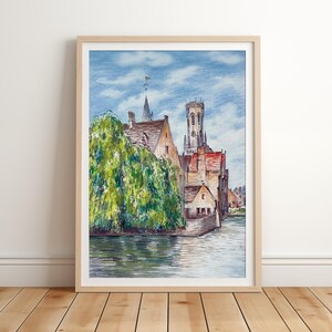 Lámina artística de Brujas, Rozenhoedkaai de verano: paisaje urbano a lápiz de color, decoración de pared belga, regalo romántico para viajes por Europa