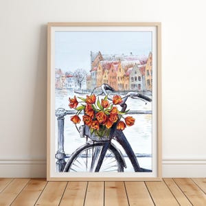 Vélo de Bruges avec tulipes - Impression d'art aux crayons de couleur, vue sur le canal Belgique, paysage urbain européen romantique, décoration murale de voyage