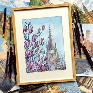 Impressão artística de Bruges, Igreja de Nossa Senhora com Magnólia, pôster da paisagem urbana da Bélgica, desenho a lápis de cor, arte de parede romântica, lembranças de viagem
