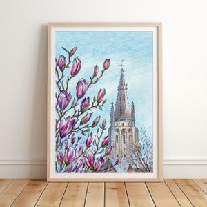 Brügge Marienkirche mit Magnolie – Fine Art Print, Buntstiftzeichnung, Stadtansicht Poster, Romantische Wandkunst, Belgien Reisegeschenk