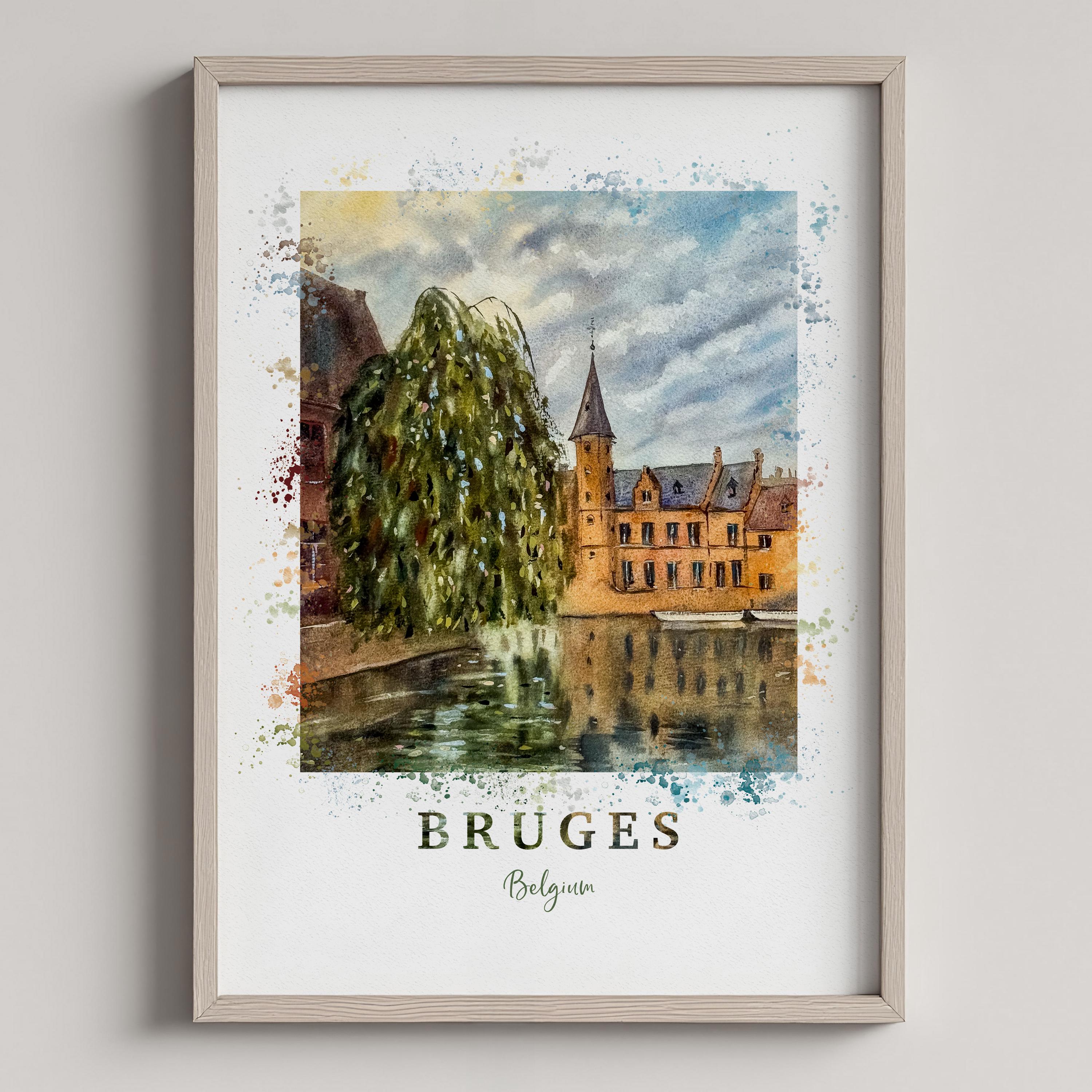 ブルージュの夕日の水彩画：ロマンチックなベルギーの運河アート