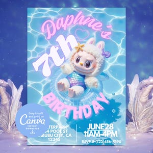 Labubu | Invitation de fête d'anniversaire de parc aquatique de piscine d'été de sirène | Modèle imprimable sur toile modifiable Téléchargement immédiat | Kawaii