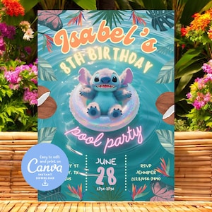 Lilo Stitch Kids Tropical Hawaii Birthday Pool Party Beach Invitation | Editable Canva Template Instant Download | Summer Waterpark Ohana