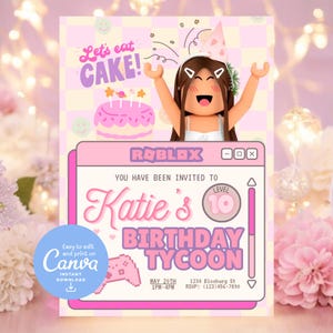 Roblox | Einfache Gamer Girl Geburtstagsparty Einladungskarte | Druckbare bearbeitbare Vorlage Canva Sofort-Download | Pinke Spielmode