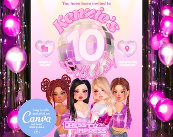 Roblox / Biglietto d&#39;invito per la festa di compleanno di una ragazza vestita per impressionare / Modello modificabile stampabile da scaricare da Canva / Ragazza gamer vestita alla moda