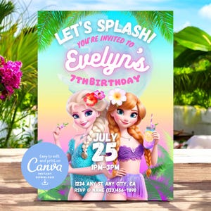 Congelé | Carte d'invitation de fête d'anniversaire de parc aquatique d'été piscine princesse Elsa Anna | Modèle imprimable sur toile modifiable, téléchargement immédiat