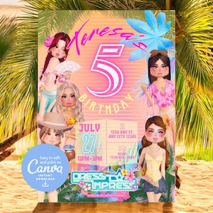 Roblox | Dress To Impress Girl Tropical Summer Birthday Pool Party Invitation Card | Printable Editable Template Canva Download | Fashion