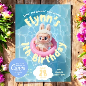 Labubu | Kinder Geburtstags-Party Einladung Sommer Pool/Strand | 3 FARBEN | Druckbare bearbeitbare Canva-Vorlage Sofort-Download |