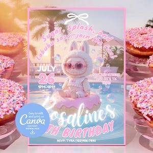 Labubu / Tarjeta de invitación para fiesta de cumpleaños de niñas en el parque acuático con piscina de verano / Plantilla de Canva editable e imprimible, descarga instantánea / Donut lindo para niños