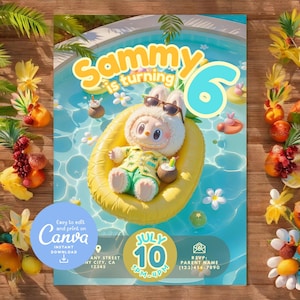 Labubu | Invitation de fête d'anniversaire de parc aquatique de piscine d'été de Zazzle.be Liste d'envies Créez un Magasin Vous avez des idées ? Modèle imprimable sur toile modifiable Téléchargement immédiat | Ananas pour garçons