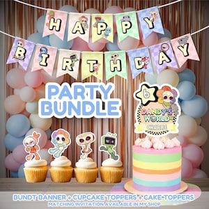 Roblox | Dandy’s World Birthday Party Bundle: Banner, Cake + Cupcake Toppers | Digital Printables Canva Template | Instant Download | Invite