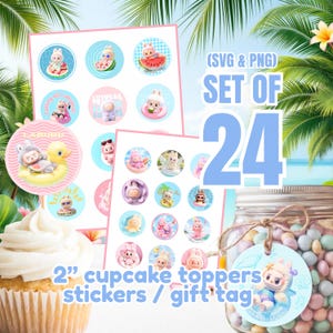 Labubu | 24er Set Cupcake Toppers Aufkleber Party Favors Geschenkanhänger | SVG PNG zum Ausdrucken - Sofort Download | Pool Wasserpark Sommer Monster Theme