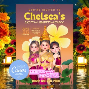 Roblox | Dress To Impress Girl Thai Birthday Party Invitation Card | Printable Editable Template Canva  Download | Fashion Dress-Up Gamer