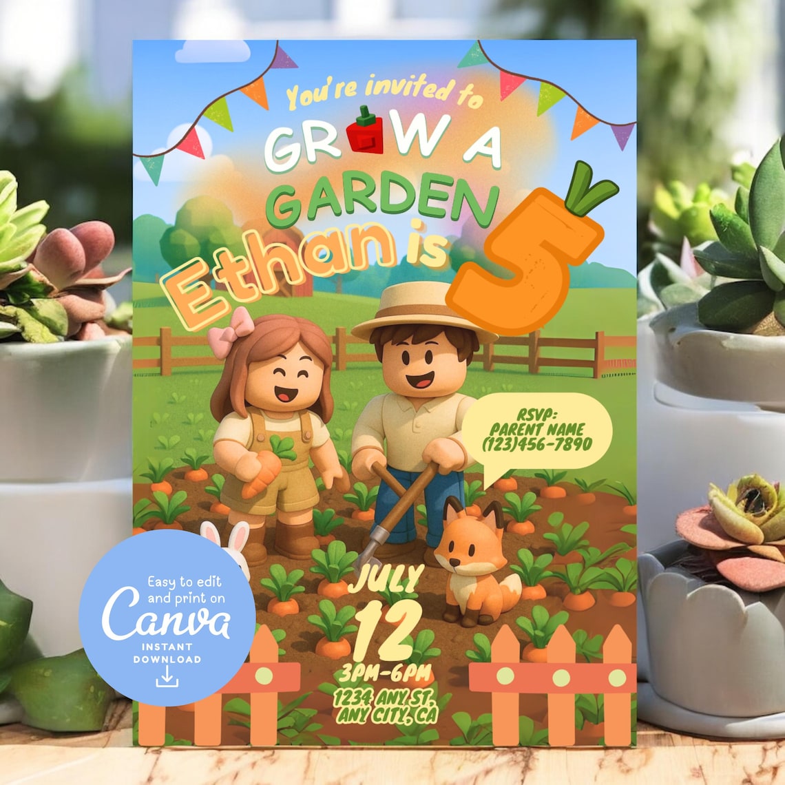 Roblox | Grow a Garden Birthday Party Invitation Card | Printable ...