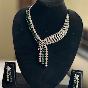 White tone Emerald Green Faux Diamond Necklace set, Indian Bridal jewellery, American diamond, CZ Zircon, AD, Dark Green Diamond replica