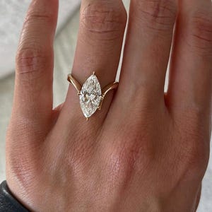 3 Carat Marquise Lab Grown Diamond Solitaire Ring / Curved Diamond Engagement Ring / Chevron Yellow Gold Ring / 3ct Marquise CVD Diamond