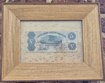 Framed 1860 5 Dollar Note from the State Bank of South Carolina -Civil War Era Obsolete Currency