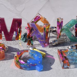 Handmade Rainbow Resin Letter Keychain with Gold Flakes – Colorful Gift