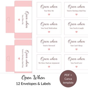12 Open When Envelopes & Labels - Romantic Long Distance Relationship Gifts -  Printable PDF - Editable Canva Template - Digital Download