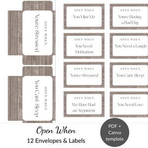 Peut inclure: Un ensemble d'enveloppes et d'étiquettes imprimables Open When avec un motif de grain de bois brun rustique. Les étiquettes rectangulaires blanches portent des textes noirs tels que Open When You Miss Me, You're Having a Bad Day, You Need Motivation, You Need a Laugh, You're Stressed, You Can't Sleep, We Have Had an Argument et You Need Love.