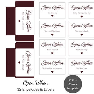 May include: A printable sheet featuring twelve Open When envelopes and labels with dark maroon accents. Each label includes the text Open When followed by specific prompts like You Miss Me, You Need Motivation, or You Need Love, all decorated with a small heart icon.