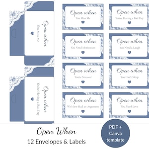 May include: A printable set of twelve blue envelopes and labels featuring white lace-style borders and heart icons. Each label includes the text Open when followed by specific prompts like You Miss Me, You Need a Laugh, or You Need Love.