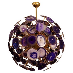 Large Purple Agate Sputnik Chandelier – Mid Century Modern Brass Ceiling Light with Natural Stone Accents Italian Brass Light