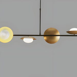 Mid Century Brass Opal Globe Linear Chandelier – Modern Sculptural Pendant Light for Dining Table, Kitchen Island, or Living Room