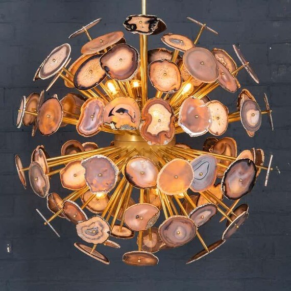 Italian Agate Brass Sputnik Chandelier – Mid Century Modern Luxury Ceiling Light with Natural Stone Accents Large Handmade Lighting Fixture