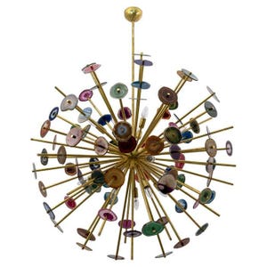 Mid Century Agate Sputnik Chandelier Italian Brass Ceiling Light with Natural Agate Stone Accents Large Modern Brass Agate Chandelier