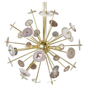 Mid Century Agate Sputnik Chandelier - Handmade Brass Ceiling Light with Natural Agate Stone Accents Modern Brass and Agate Chandelier