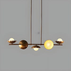 Mid Century Modern Brass Chandelier – Italian Perforated Dome Pendant Light with Opal Globes for Kitchen Island or Dining Room