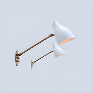 Set of Two Mid Century Matt White Reading White Brass Sconces -Italian Brass Sconces - Italian Light Fixture Focus lighting