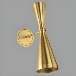 Mid Century Modern Brass Double Cone Wall Sconce Perforated Hardwired Light Fixture Handmade Accent Lighting for Bedroom Hallway or Entryway