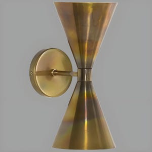 Mid-Century Modern Double Cone Brass Wall Sconce – Hardwired Bedside Light Fixture with Vintage Patina Finish – Handmade Accent Lighting