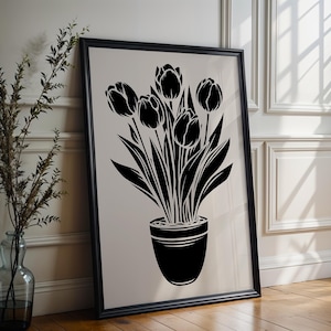 Mid Century Modern Tulips Print: Black and Beige Floral Wall Art (Digital Download)