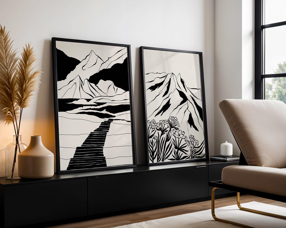Minimalist Mountain Line Art Print, Black Beige Neutral (digital ...