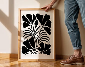 Black Floral Wall Art, Minimal Botanical Illustration, Modern Abstract Flower Digital Print
