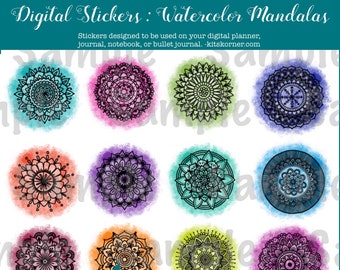 Digital Journal Stickers : Watercolor Mandalas