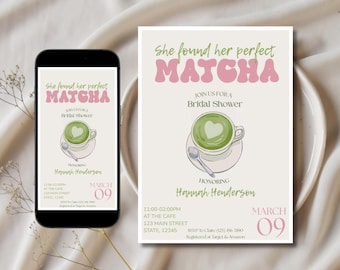 Matcha Bridal Shower Invitation: Tea Party Invite, Editable Canva Template (Digital Download)