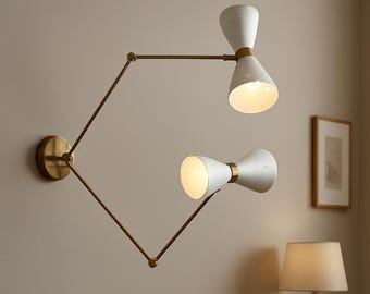 Stilnovo Diabolo ツインウォールスコンス - 調節可能な真鍮製ダブルランプ、ハンドメイドのミッドセンチュリーモダンウォールライト