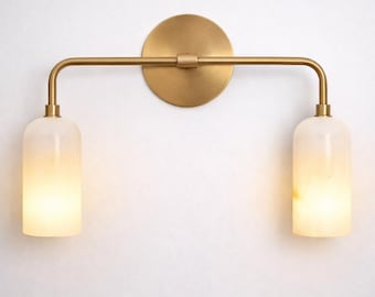 Modern Brass Alabaster Double Wall Sconce, Mid Century Bathroom Vanity Light, Minimalist Brass Wall Lamp, Luxury Vanity Lighting Fixture