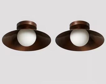 Pair of Bronze Disc Flush Mount Ceiling Lights, Modern Opal Globe Fixtures, Minimalist Lighting for Kitchen, Hallway, Entryway & Bedroom