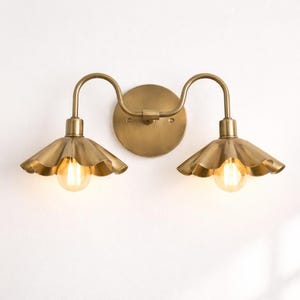 Mid Century Brass Double Wall Sconce, Scalloped Shade Vanity Light, Vintage Bathroom Lighting, Handmade Brass Wall Lamp Fixture, Art Deco