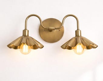 Mid Century Brass Double Wall Sconce, Scalloped Shade Vanity Light, Vintage Bathroom Lighting, Handmade Brass Wall Lamp Fixture, Art Deco