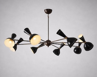 Mid Century Modern Sputnik Chandelier, Black Metal Cone Shade Ceiling Light, Atomic Starburst Fixture for Dining Room Living Decor