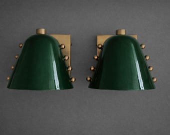 エメラルドグリーンの真鍮製壁取り付け用燭台（ペア）ミッドセンチュリーモダン光沢メタルシェードヴィンテージ高級壁照明器具ホームデコレーション