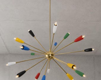 Multi Shade Sputnik Chandelier: Colorful Modern Brass Ceiling Light, Dining Room Pendant Lamp