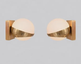 Set of 2 Mid Century Brass Globe Wall Sconces with Opal Glass Shade Italian Modern Vintage Wall Lamps for Bedroom Hallway Decor