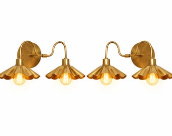 Pair Mid Century Brass Double Wall Sconce, Scalloped Shade Vanity Light, Vintage Bathroom Lighting, Handmade Brass Wall Lamp Fixture